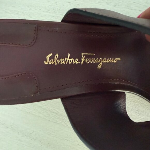 Salvatore Ferragamo Burgundy Sandals with Gold Heel - Picture 3 of 7